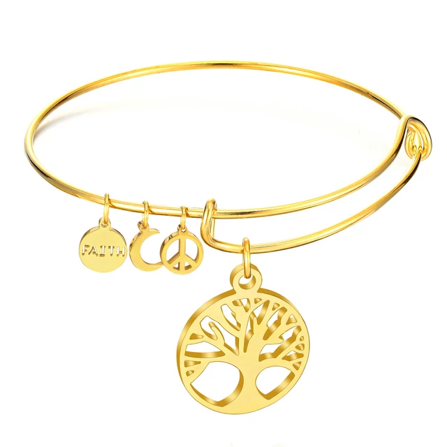 Bracelet Acier Inoxydable Or 18k Arbre Chaîne, Croissant, Peace, Foi